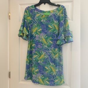 Pappagallo Tropical Print Dress with Ruffle Sleeves